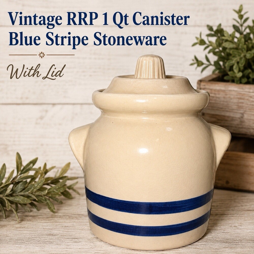 Vintage RRP Robinson Ransbottom 1 Qt Canister Lid Blue Stripe Roseville Ohio